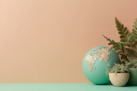 Globe and plant on pastel color background with copy space.の素材