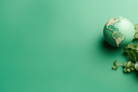 Globe and leaves on green background with copy space for text.の素材