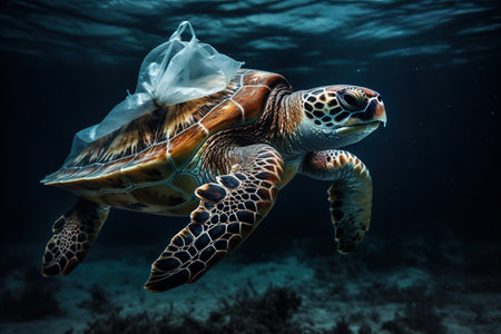 Green sea turtle in a plastic bag on a coral reef in the oceanの素材
