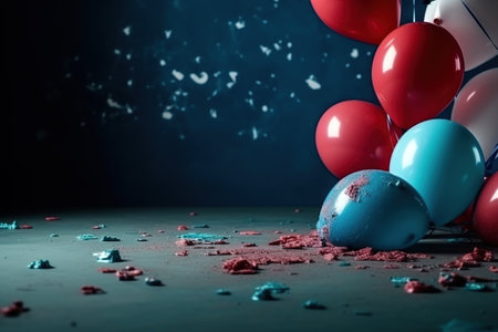 Colorful balloons and confetti on a dark background with copy space USA Independence Day Carnivalの素材