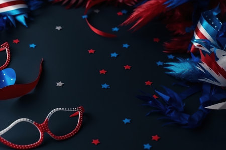 Brazilian carnival background. Red and blue carnival masks on dark background. USA Independence Day Carnivalの素材