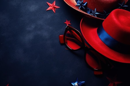 Red hat, glasses and star on black background. Flat lay. USA Independence Day Carnivalの素材