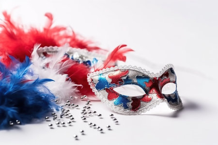 Carnival mask and feathers on a white background, close up USA Independence Day Carnivalの素材