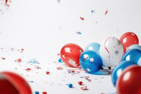 Colored balloons and confetti on white background. 3d rendering. USA Independence Day Carnivalの素材