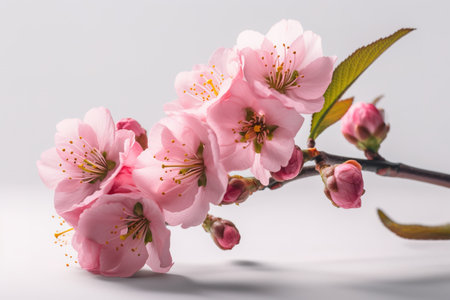 cherry blossom branch on white background, closeup of pink flowersの素材