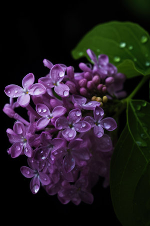 Purple lilac flowers with water drops on a black background.の素材