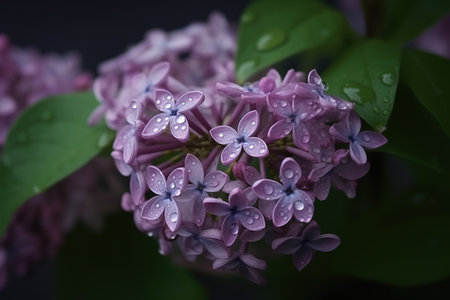 Beautiful lilac flowers with water drops on petals close upの素材