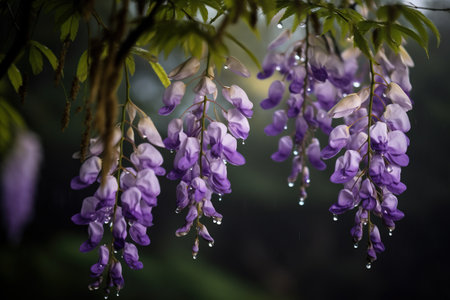 Wisteria flowers with raindrops on a dark green background.の素材