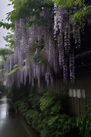 Wisteria flowers in the rain in Hida, Japan.の素材