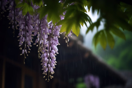 Wisteria flowers in the rain. Beautiful purple flowers in the rain.の素材