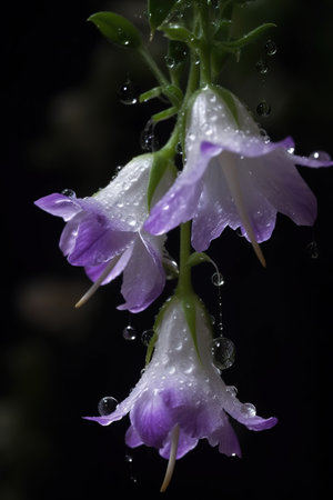 Campanula flowers with water drops on black background, closeupの素材