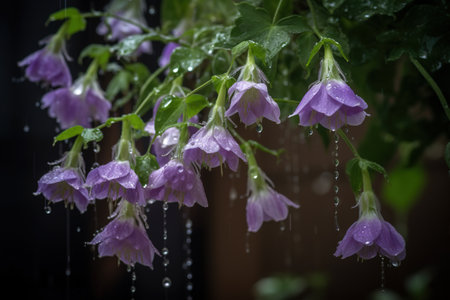 Beautiful purple flowers with raindrops on black background, shallow depth of field. campanula flowers in bloomingの素材