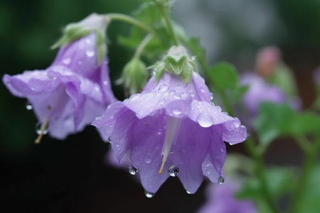 Beautiful purple flowers with raindrops in the garden after the rain. campanula flowers in bloomingの素材