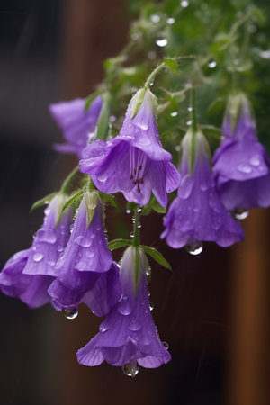 Purple flowers in the rain with water droplets on the petals campanula flowers in bloomingの素材