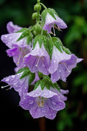 Purple flowers with dew drops on the petals after rain. campanula flowers in bloomingの素材