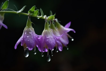 Purple flowers with raindrops on a black background. Macro. Campanula flower in bloomingの素材