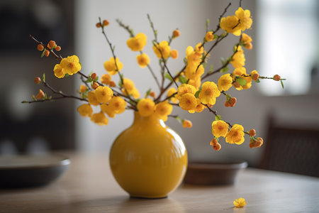 A vase filled with yellow Apricot blossom at the table. Lunar new year decorationの素材
