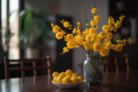 A vase filled with yellow Apricot blossom at the table. Lunar new year decorationの素材