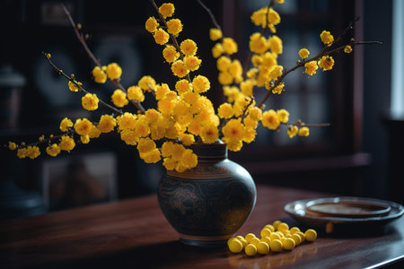 A vase filled with yellow Apricot blossom at the table. Lunar new year decorationの素材