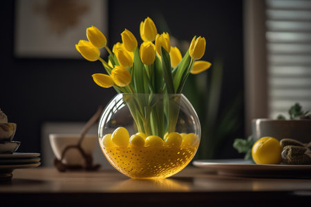 Yellow tulips in a glass vase on a wooden table.の素材
