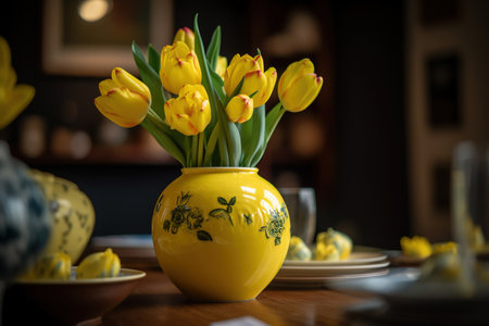 Beautiful yellow tulips in a vase on the table.の素材