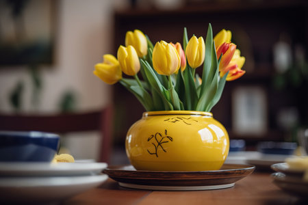 Bouquet of tulips in a vase on the tableの素材