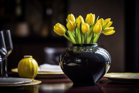 Elegant table setting with yellow tulips in vase.の素材