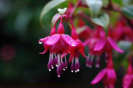 Fuchsia flowers with water drops. Fuchsia is a genus of flowering plants in the family Rosaceae.の素材