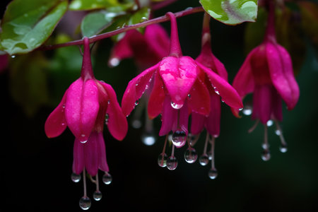 Fuchsia flowers with raindrops, close-up, selective focusの素材