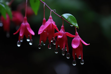 Red fuchsia flowers with raindrops on the petals.の素材