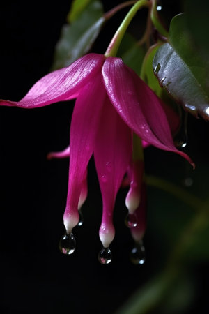 Fuchsia flower with water drops on black background, close upの素材