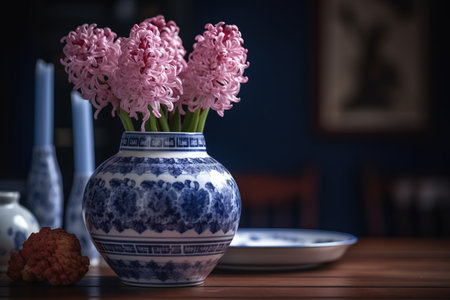 Beautiful hyacinth flowers in vase on table in roomの素材