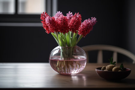 Beautiful hyacinths in vase on wooden table indoorsの素材