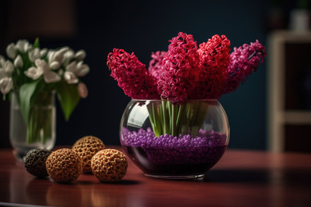 Pink hyacinths in a vase on a wooden tableの素材