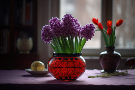 Purple tulips in a vase on the table near the windowの素材