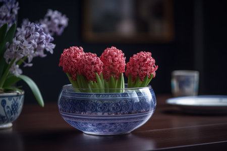 Pink hyacinths in a vase on a wooden tableの素材