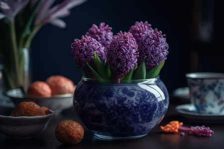 Purple hyacinths in a blue vase on a dark backgroundの素材