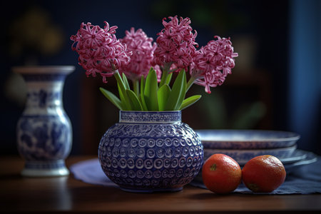 Purple hyacinths in a vase on the tableの素材