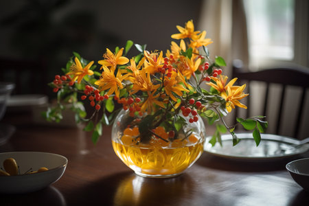 A round vase filled with Honeysuckle at the table. Lunar new year decorationの素材