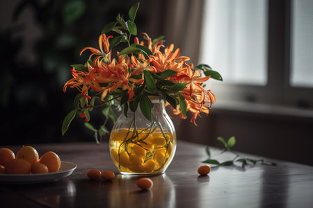 A round vase filled with Honeysuckle at the table. Lunar new year decorationの素材