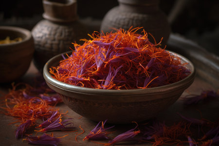 Dried saffron threads in a bowl on a wooden tableの素材