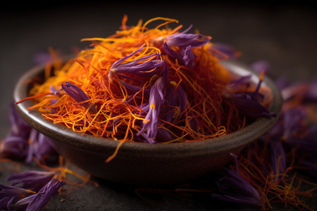 Dried saffron flowers in a bowl on a dark background.の素材