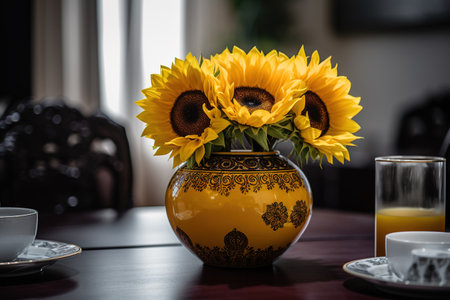 Sunflowers in vase on table in cafe, stock photoの素材