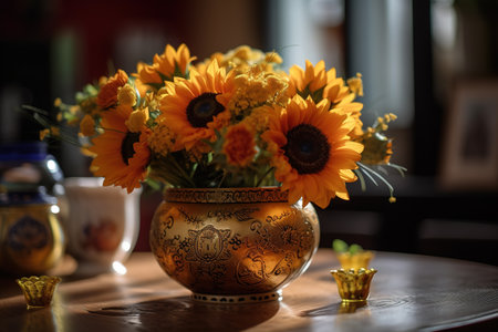 Beautiful bouquet of sunflowers in a vase on the tableの素材