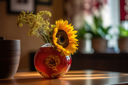 Sunflowers in a vase on a table in a cafeの素材