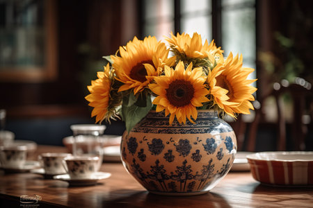 Still life with sunflowers in a vase on a wooden tableの素材