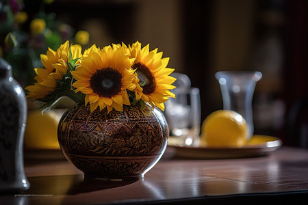 Sunflowers in vase on wooden table. Selective focus.の素材