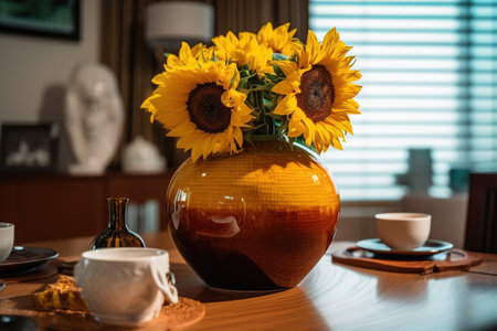 Sunflowers in a vase on a wooden table in the living roomの素材