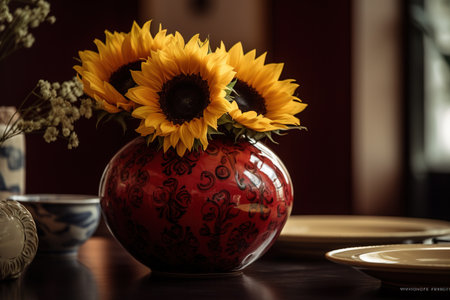 Still life with sunflowers in vase on the wooden tableの素材
