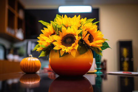 Sunflowers in vase with pumpkins on the table in the kitchenの素材